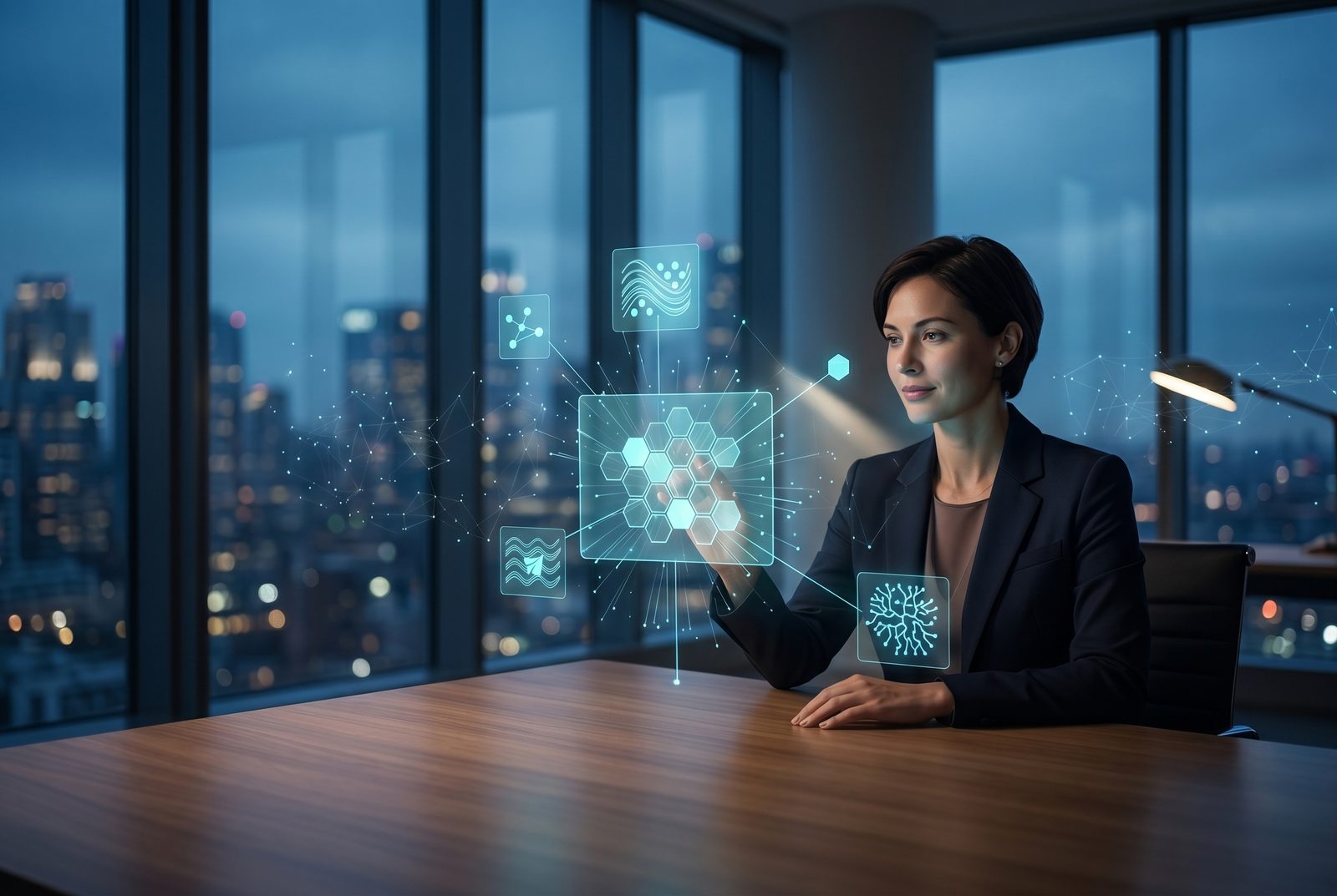 Professional woman beside workflow discovery and diagnostic interface panels