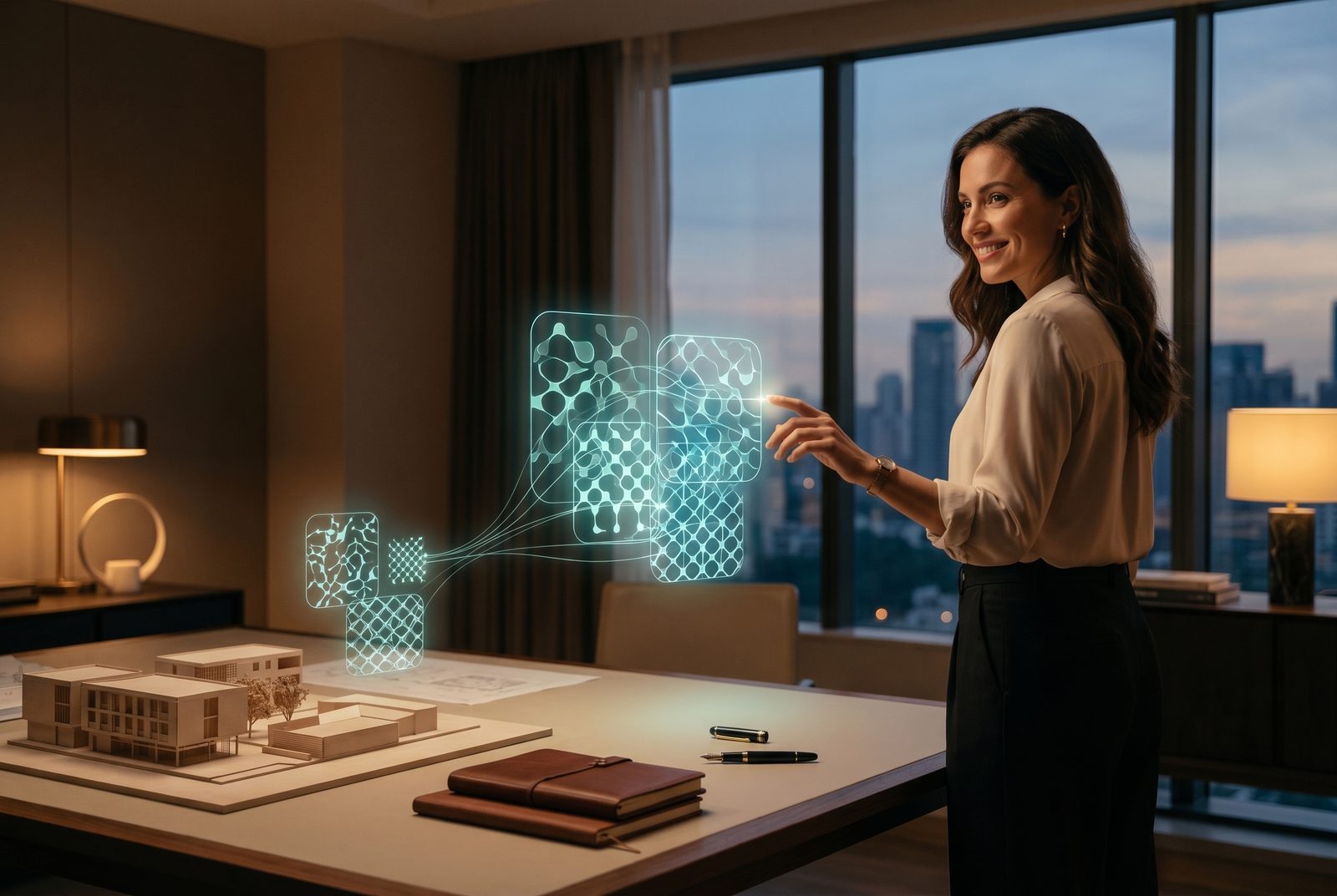 AI assistant and human operator coordination interface with warm trustworthy lighting